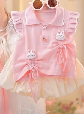 女童套装2026夏装新款儿童洋气网红飞袖POLO衫卡通短裤宝宝两件套