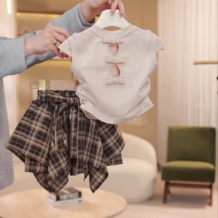 夏装 花苞裤 2025新款 儿童网红女宝宝格子短袖 两件套裙 韩版 女童套装