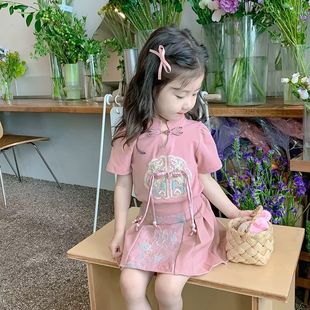 女童套装夏装2025新款儿童中国风新中式汉服刺绣T恤半身裙两件套