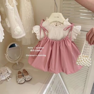 女童套装夏装2025新款儿童女宝宝背带裙飞袖T恤公主韩系两件套潮
