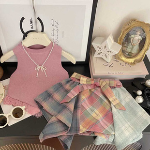 女童套装夏装2026新款儿童洋气流苏背心宝宝格子裙裤洋气两件套裙