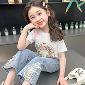 2025新款 女童国风中式 中大儿童刺绣两件套 套装 夏季 短袖 T恤牛仔裤