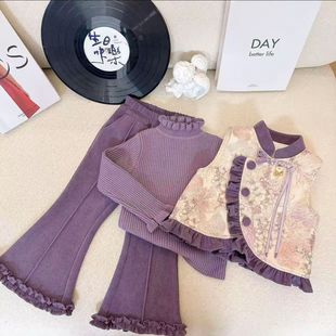 女童套装冬季2025新款儿童加厚马甲新中式毛衣加绒裤子三件套