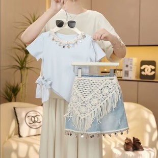 女童套装夏装2025新款洋气儿童中大童牛仔短裙小女孩短袖两件套潮