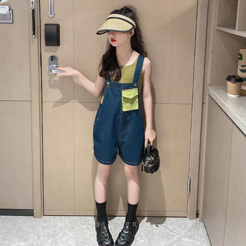 女童套装夏装2026新款儿童装时髦洋气中大童夏季牛仔背带裤两件套