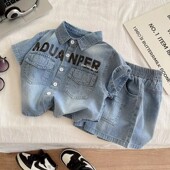 衬衫 男童夏季 两件套 潮酷儿童男宝宝韩版 水洗牛仔短袖 套装 2025新款