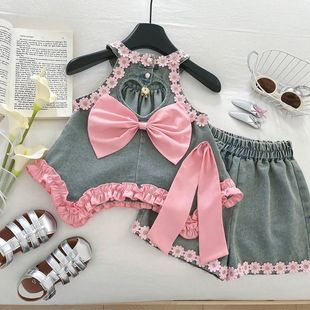 花边儿童女宝宝爱心上衣短裤 女童牛仔套装 韩版 新款 两件套 2026夏季