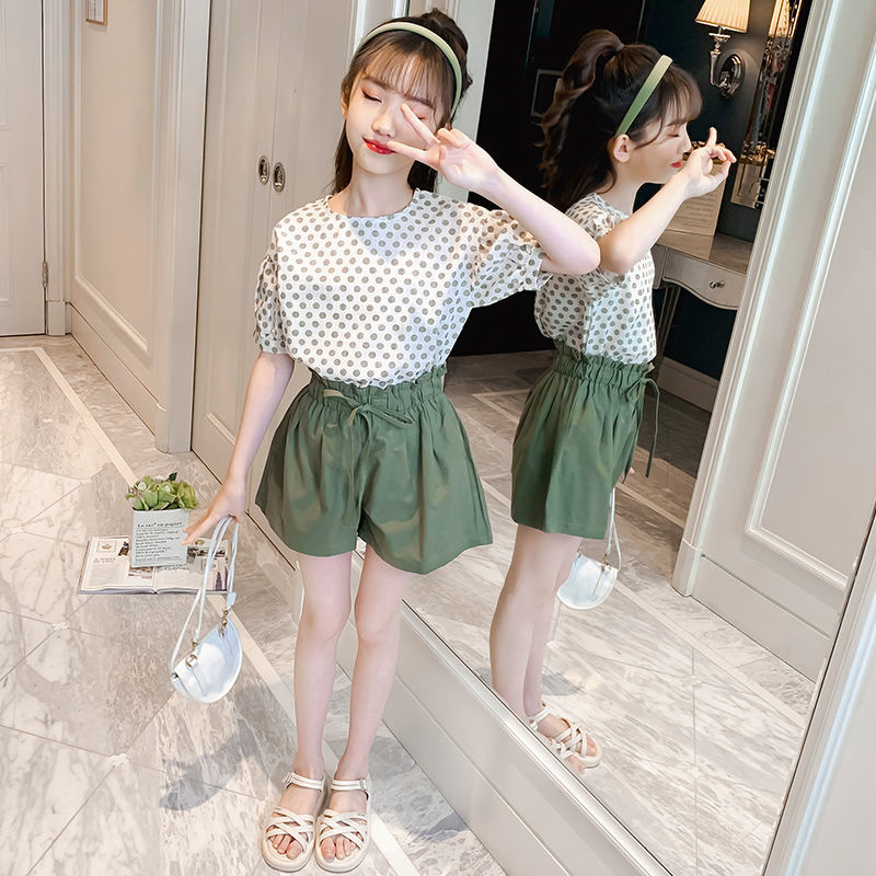 女童夏装套装2025新款洋气儿童小女孩韩版圆点短袖裤子薄款中大童
