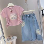 女童夏装 半身牛仔裙两件套 儿童女套裙中国风洋气短袖 套装 2025新款