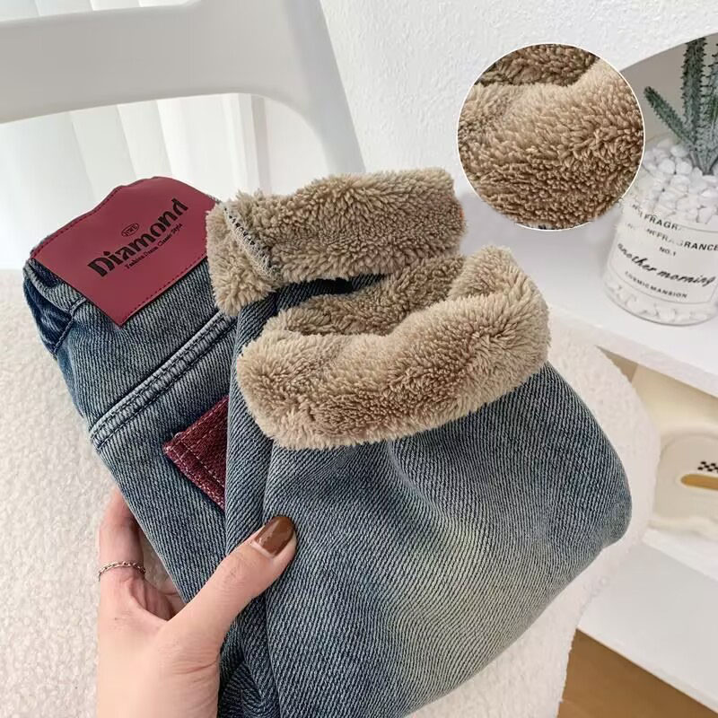 女童牛仔裤冬装男童加厚加绒裤子