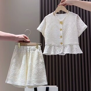 女童套装夏装2026新款儿童蕾丝镂空钩花洋气中大童韩版两件套
