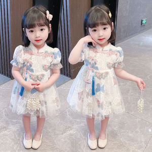 女童夏季连衣裙2023新款中小童女宝宝蝴蝶结短袖蕾丝洋气公主裙子