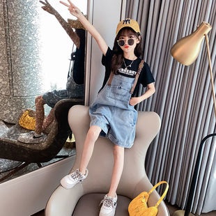 中大童网红小女孩套裙洋气两件套 新款 女童牛仔背带裙套装 2025夏季