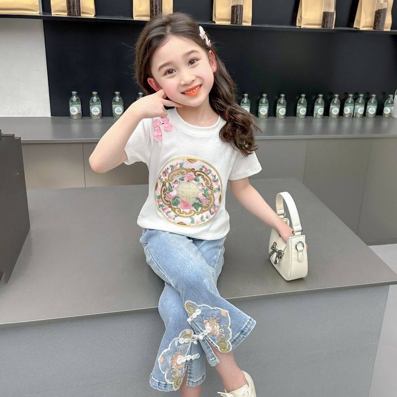女童新中式套装夏季2025新款网红短袖洋气中国风刺绣牛仔裤两件套,童装/婴儿装/亲子装,套装,淘宝优惠券,粉丝福利购,淘宝优惠卷