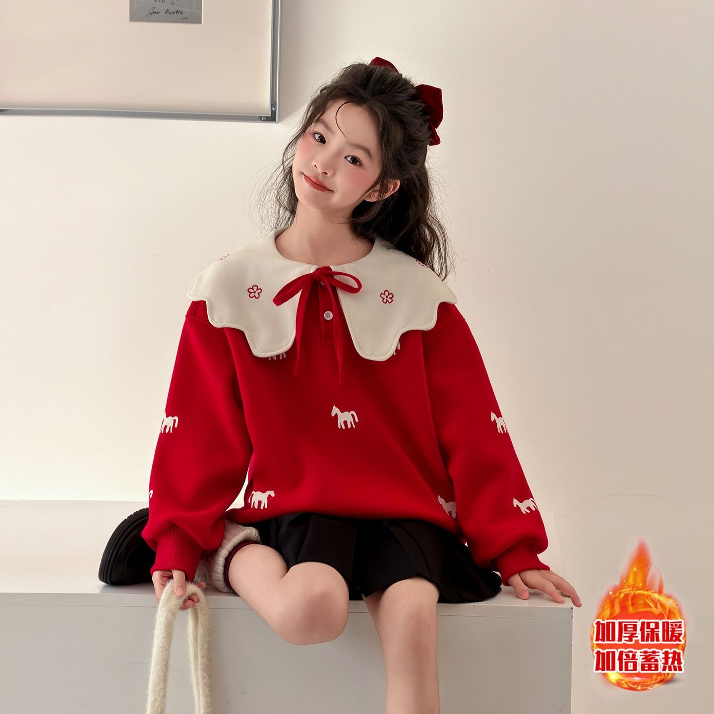 女童卫衣加绒红娃娃领时尚上衣