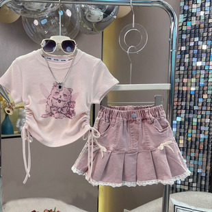 套装 休闲中大童短袖 2025夏装 儿童牛仔短裤 潮两件套薄 新款 女童夏季