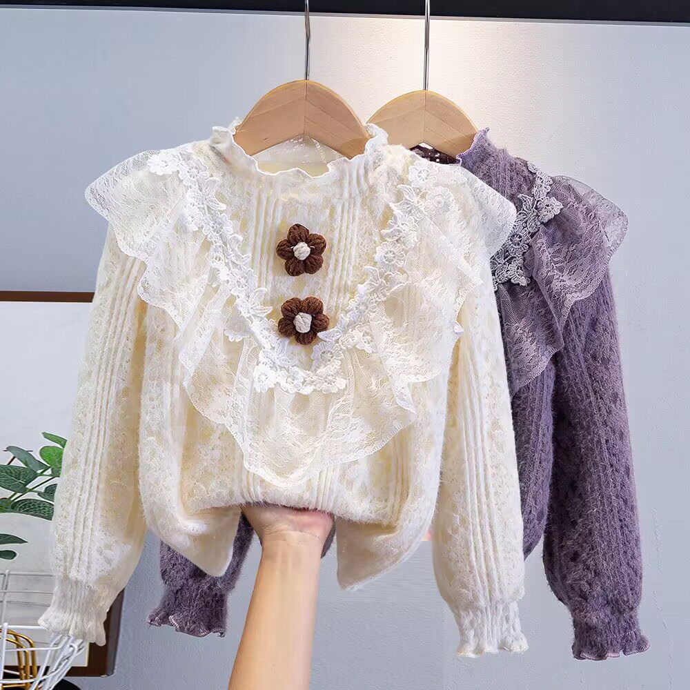 女童打底衫秋冬2025新款儿童蕾丝T恤加绒外穿女宝宝韩版长袖上衣