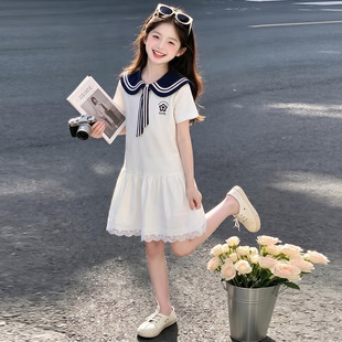 女童夏装学院风海军领连衣裙2026新款初中生白色中裙