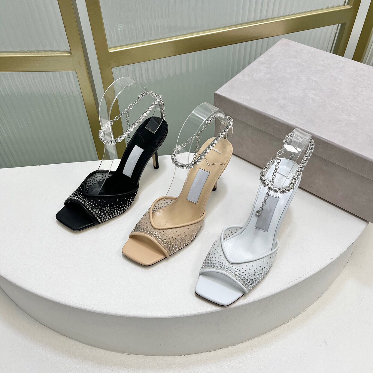 高定2025新款水钻链条高跟鞋细跟网纱烫钻性感百搭方头露趾凉鞋女