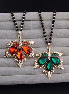 新款枫叶项链高级感水晶毛衣链秋冬时尚大气长款吊坠挂件衣服配饰