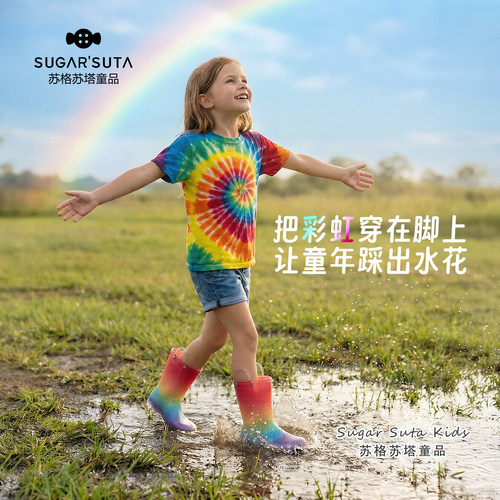 外贸ins儿童雨鞋女童彩虹透明渐变雨靴女宝防水时尚果冻水鞋防滑
