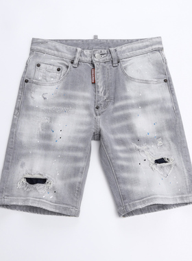 2025新款破洞破洞泼墨男士灰色潮港风乞丐品质DSQ2牛仔短裤广州货