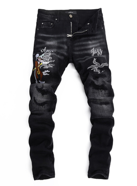 2025AM春秋泼墨小脚男士破洞潮夜店港风黑色紧身广州泼墨男牛仔裤