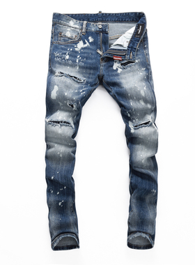 2024春夏新款破洞小脚修身男士蓝色潮夜店港风乞丐紧身高品质DSQ2