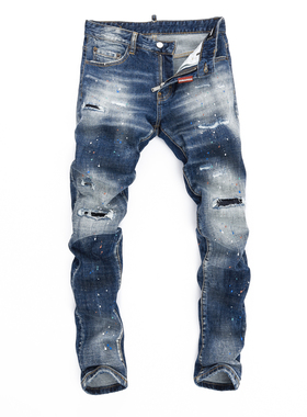 2024潮流新款破洞小脚修身男士蓝色潮夜店港风乞丐紧身高品质DSQ2