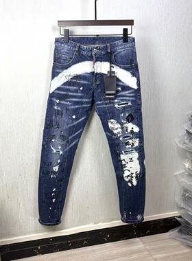 DSQ秋冬新款破洞小脚男士破洞潮夜店港风黑色高品D2牛仔裤男广州