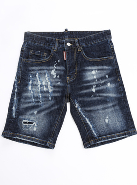 2025春夏新款破洞破洞泼墨男士蓝色潮港风乞丐品质DSQ2牛仔短裤