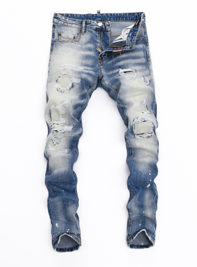 2024潮流新款破洞小脚修身男士蓝色潮夜店港风乞丐紧身高品质DSQ2