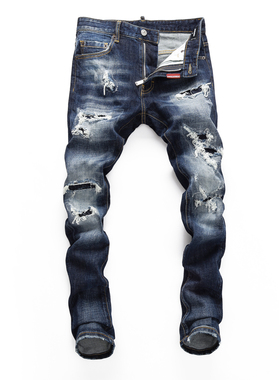 2023秋冬新款破洞小脚修身男士蓝色潮夜店港风乞丐紧身高品质DSQ2