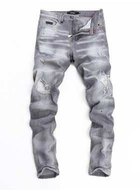 2025PP骷髅头新款破洞小脚男士破洞灰色港风高修身广州货男灰长裤