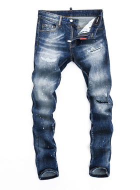 2024春夏新款破洞小脚修身男士蓝色潮夜店港风乞丐紧身高品质DSQ2