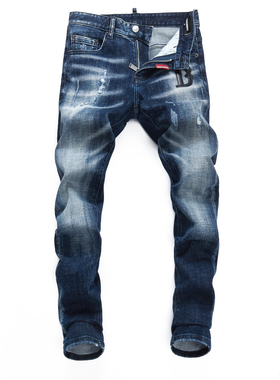 2025PP骷髅头新款破洞小脚男士破洞灰色港风高修身广州货男长裤