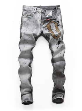 2022新款破洞小脚修身男士灰色潮夜店港风ING紧身高品质D2牛仔裤