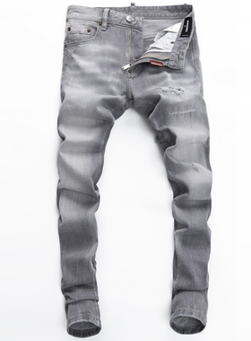 2025DS春秋新款破洞小脚男士破洞潮夜店港风灰色紧身高品质D2男