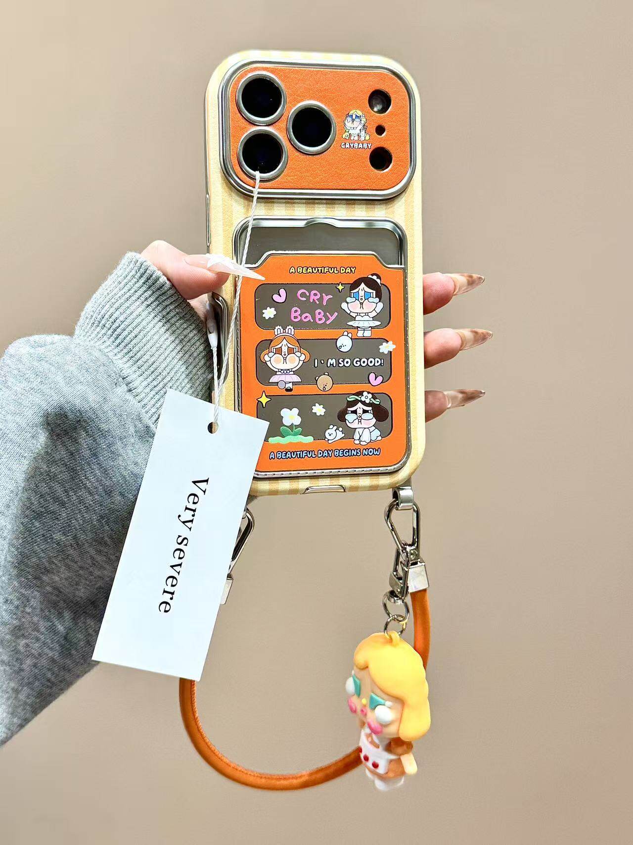 西多士黄条纹哭泣女孩镜面卡包手拎绳适用苹果17promax手机壳15iphone16
