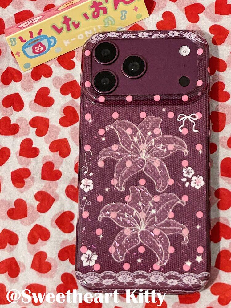 西多士ins古早酒红色波点闪钻百合花适用iphone18promax苹果17手机壳16