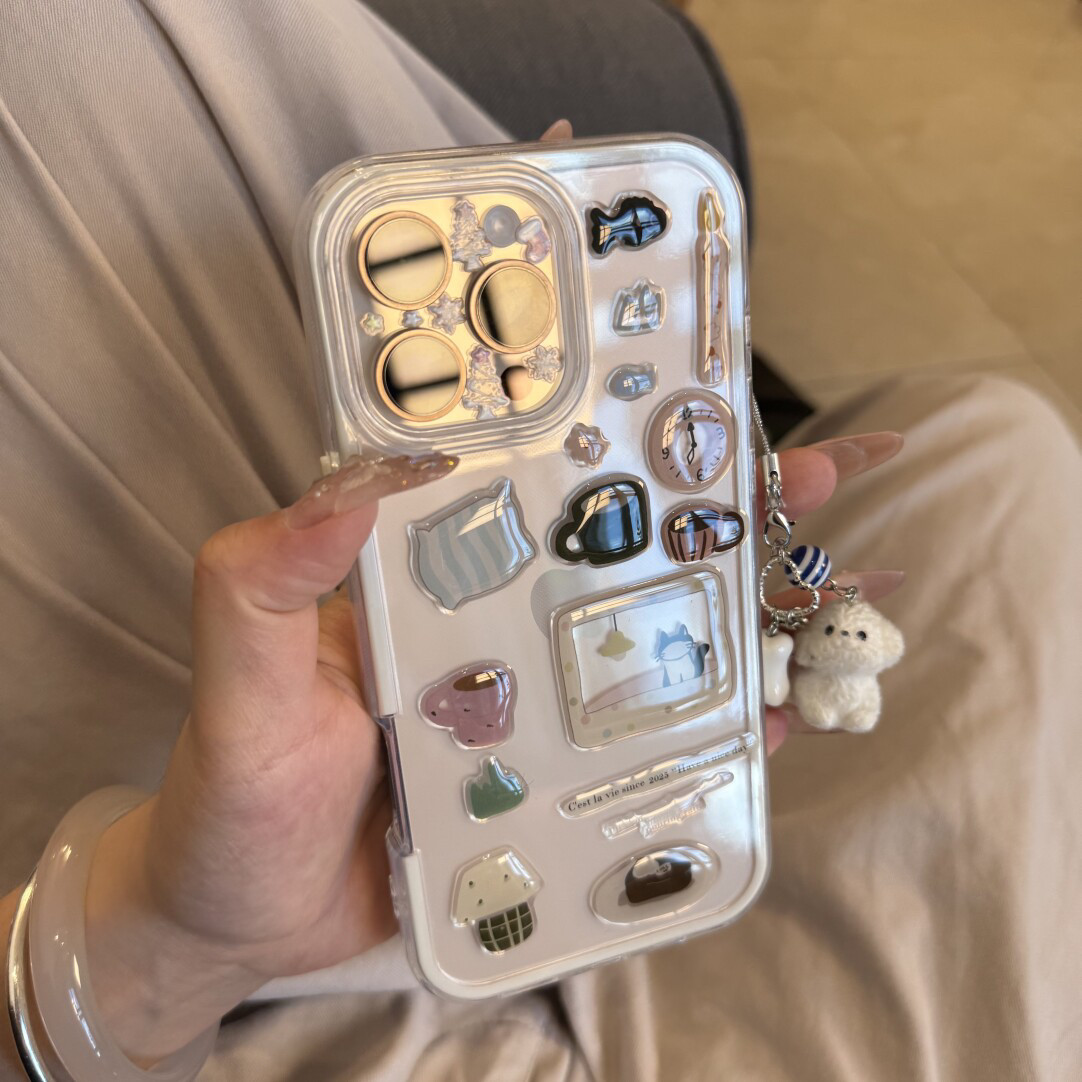 西多士二合一闹钟小黑猫和骨头小白狗软壳适用iPhone16立体diy贴纸手工苹果17promax手机壳151413
