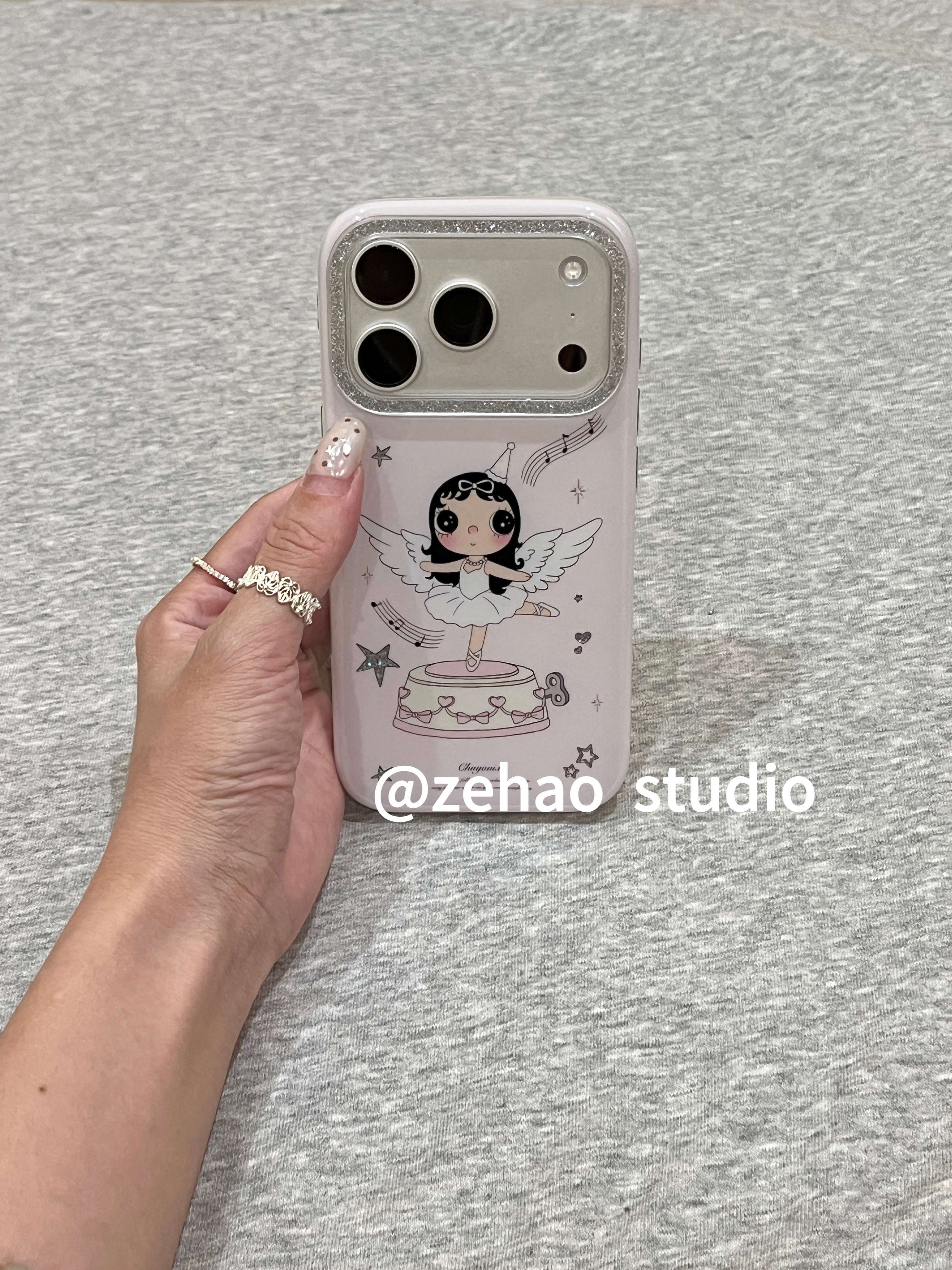 西多士淡紫天使八音盒小玉适用苹果17pro双层iphone16亮面15p可爱手机壳