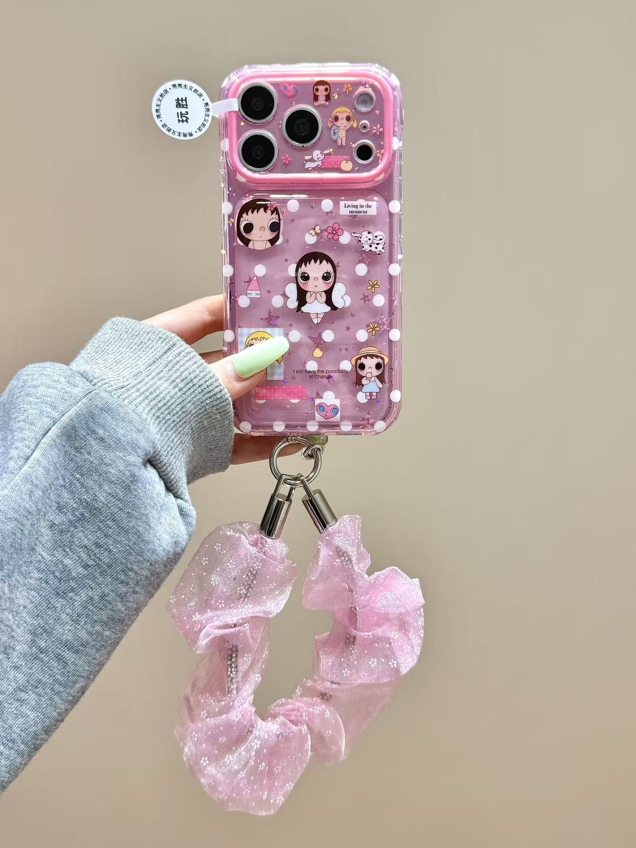 西多士玫粉透色波点大眼小玉插画适用苹果18promax手机壳17iphone16