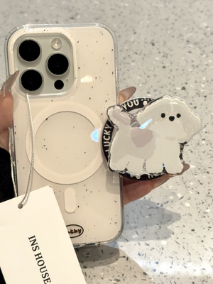 西多士简约白底泼墨灰白小狗磁吸适用iphone16promax苹果15手机保护壳14