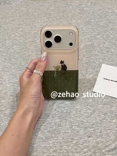 西多士复古油画绿墙盆栽小黑猫适用苹果18promax双层iphone17/16手机壳