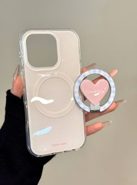 西多士韩系ins泼墨白底粉爱心磁吸支架适用iphone16pro苹果15手机保护壳17promax圆边14