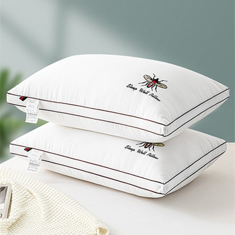 新款全棉磨毛彩色双边立体绣花小蜜蜂单双人枕芯枕头一对