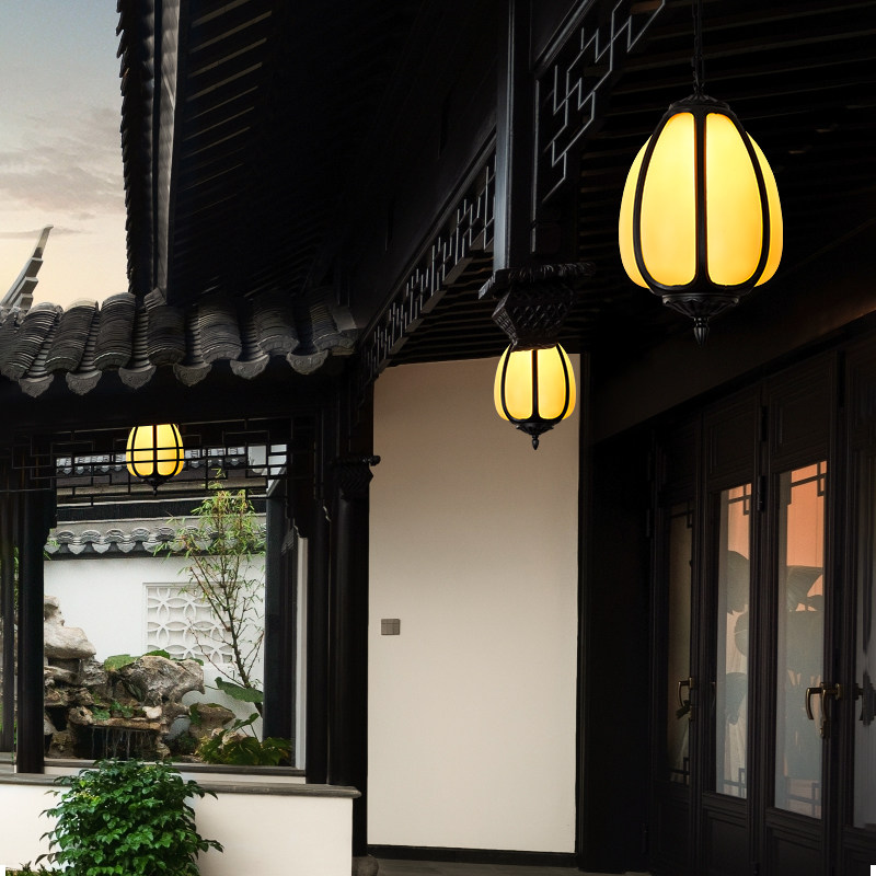 新中式吊灯户外防水庭院屋檐走廊大门口灯室外别墅凉亭仿古南瓜灯