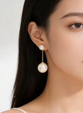 L·Ker双珍珠耳环女金色链条耳坠气质简约优雅耳饰