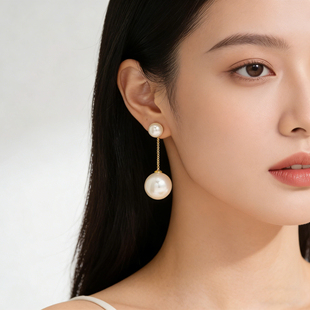 L·Ker双珍珠耳环女金色链条耳坠气质简约优雅耳饰